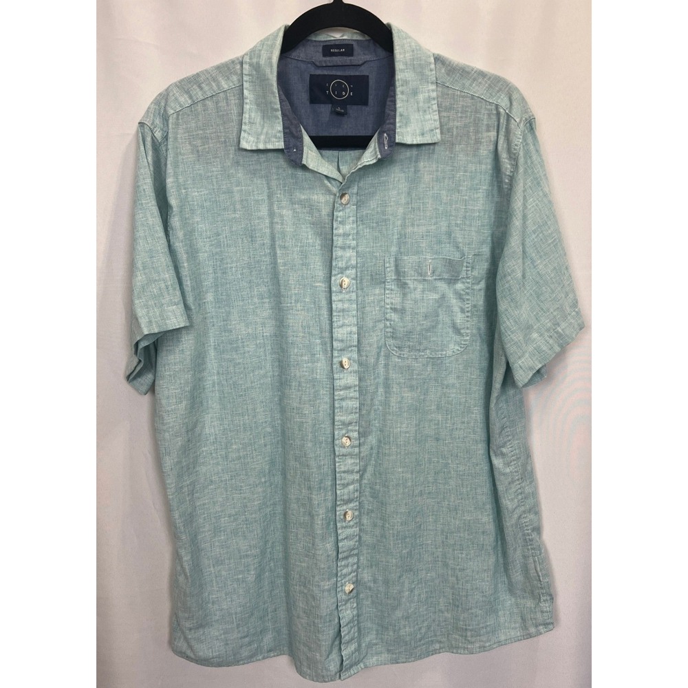 Even Tide Mens Large Aqua Blue Linen Cotton Short Sleeve Button Down Shirt Slub